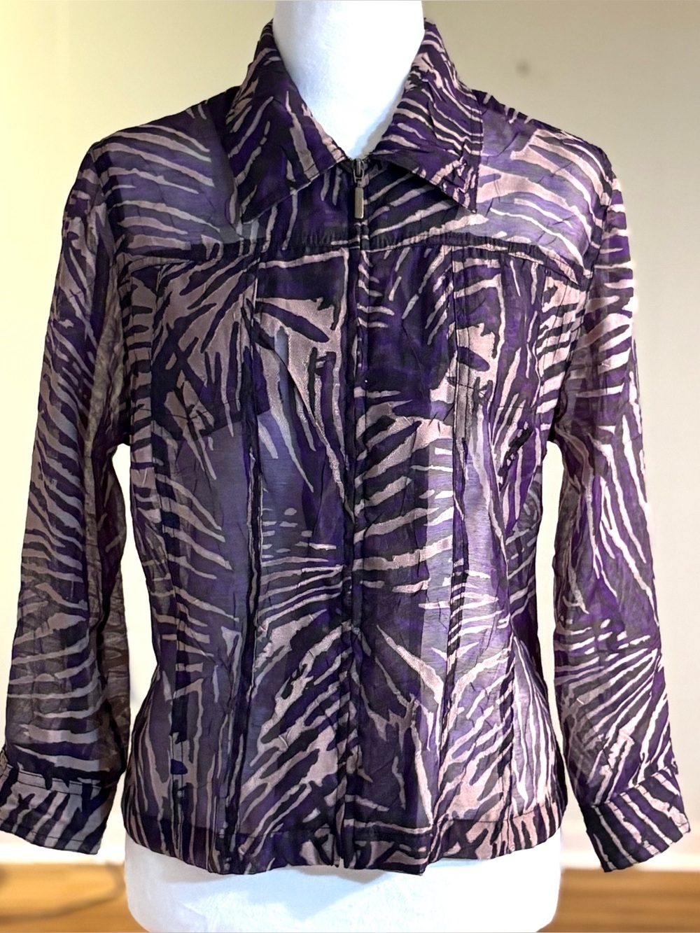 Ruby Rb Summer Jacket, Semi Sheer Purple and Tan Tropical Animal Print, Size 12P